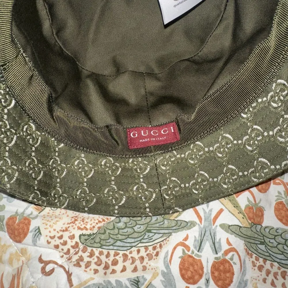 New Gucci GG Logo Olive Green Bucket Hat Size Small